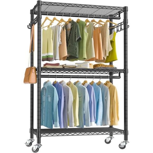 Heavy Duty Rolling Garment Rack 3 Tiers Adjustable Wire Shelving Clothes Rack - Picture 7 of 7